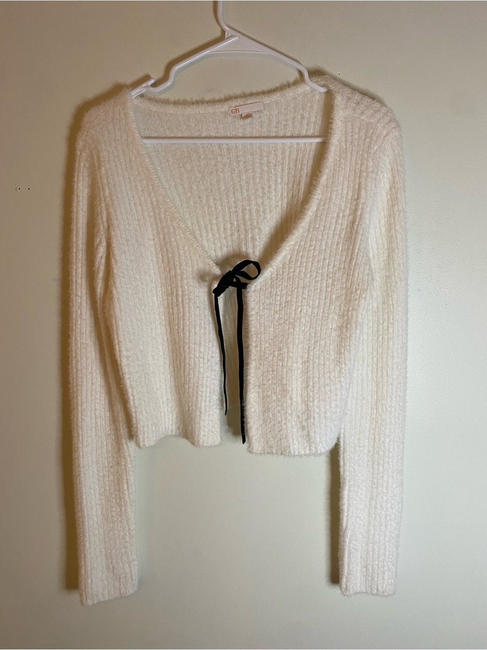 Gianni Bini Cream Knit Tie-Front Cardigan with Black Ribbon - Picture 1 of 14